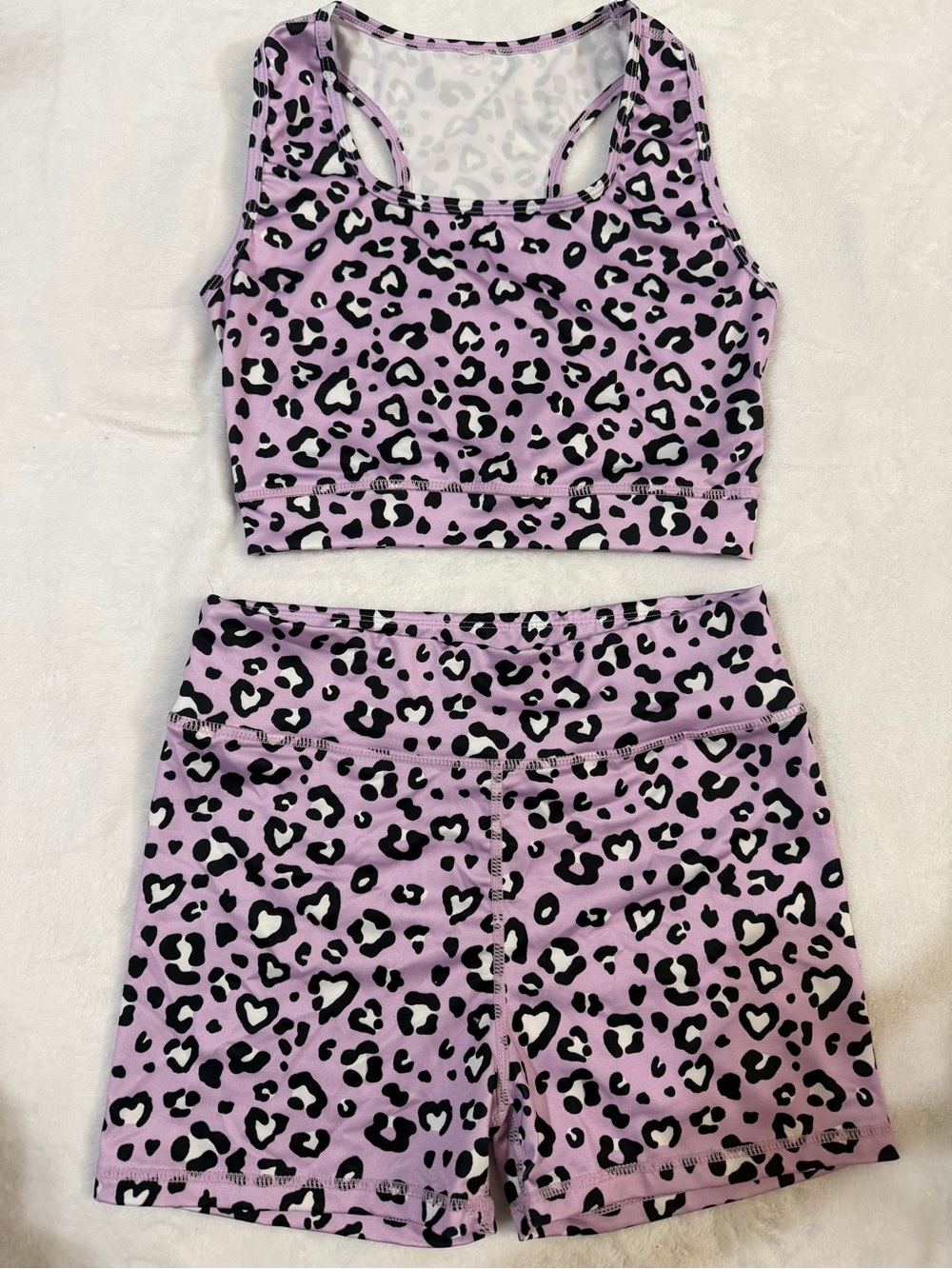 NWOT girls Lilac Leopard Print Sports Bra and Shorts athletic Set 12